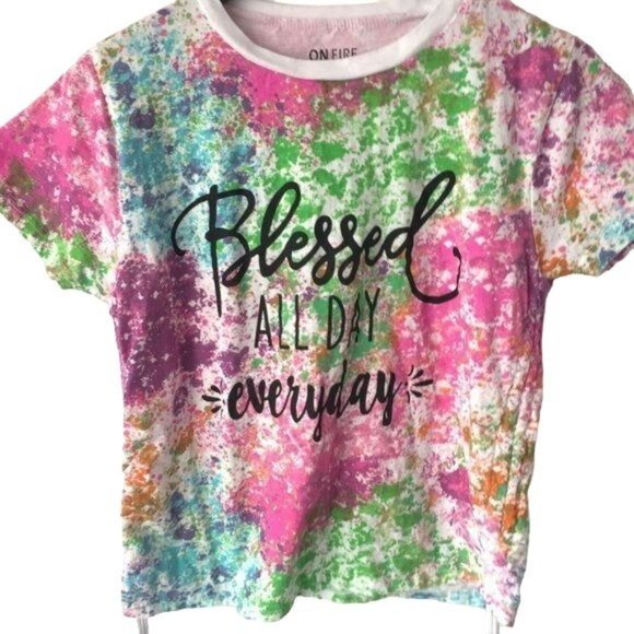 On Fire T Shirt Paint Splatter Blessed All Day Graphic Tee Side Drawstring Large - Picture 2 of 6